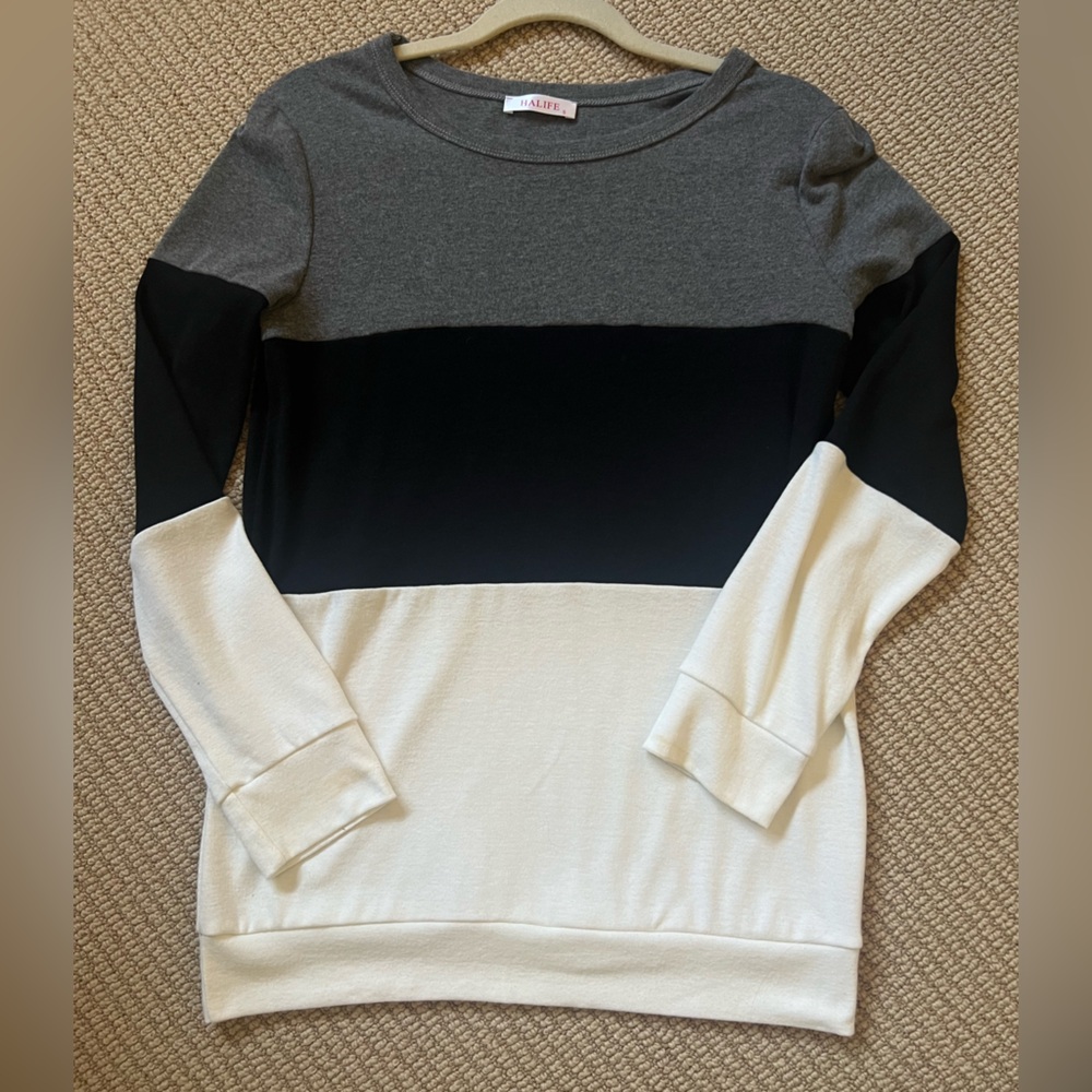 Colorblock Gray, Black, and Soft White knit Crew Neck sweater